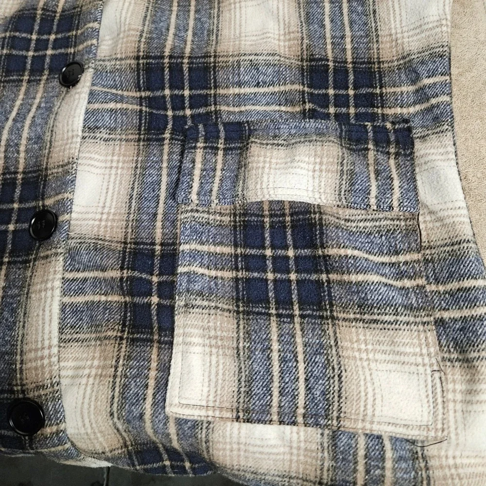 Stitch + Feather Plaid Oversized Shacket Jacket Women Blue‎ Tan White RN 149137